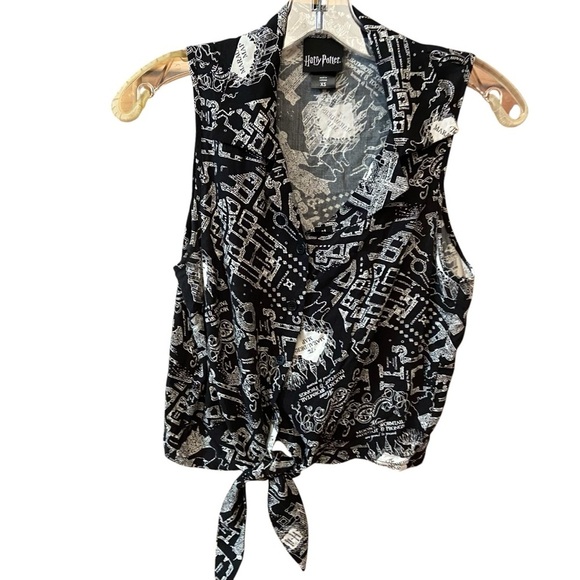 Hot Topic Harry Potter Marauder’s Map Tie-Front Woven Top Size XS Black Casual - Picture 6 of 15
